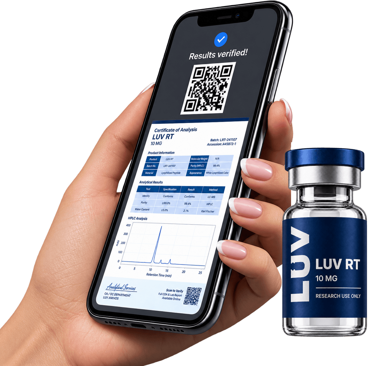 A phone showing a vial's lab report after scanning its QR code