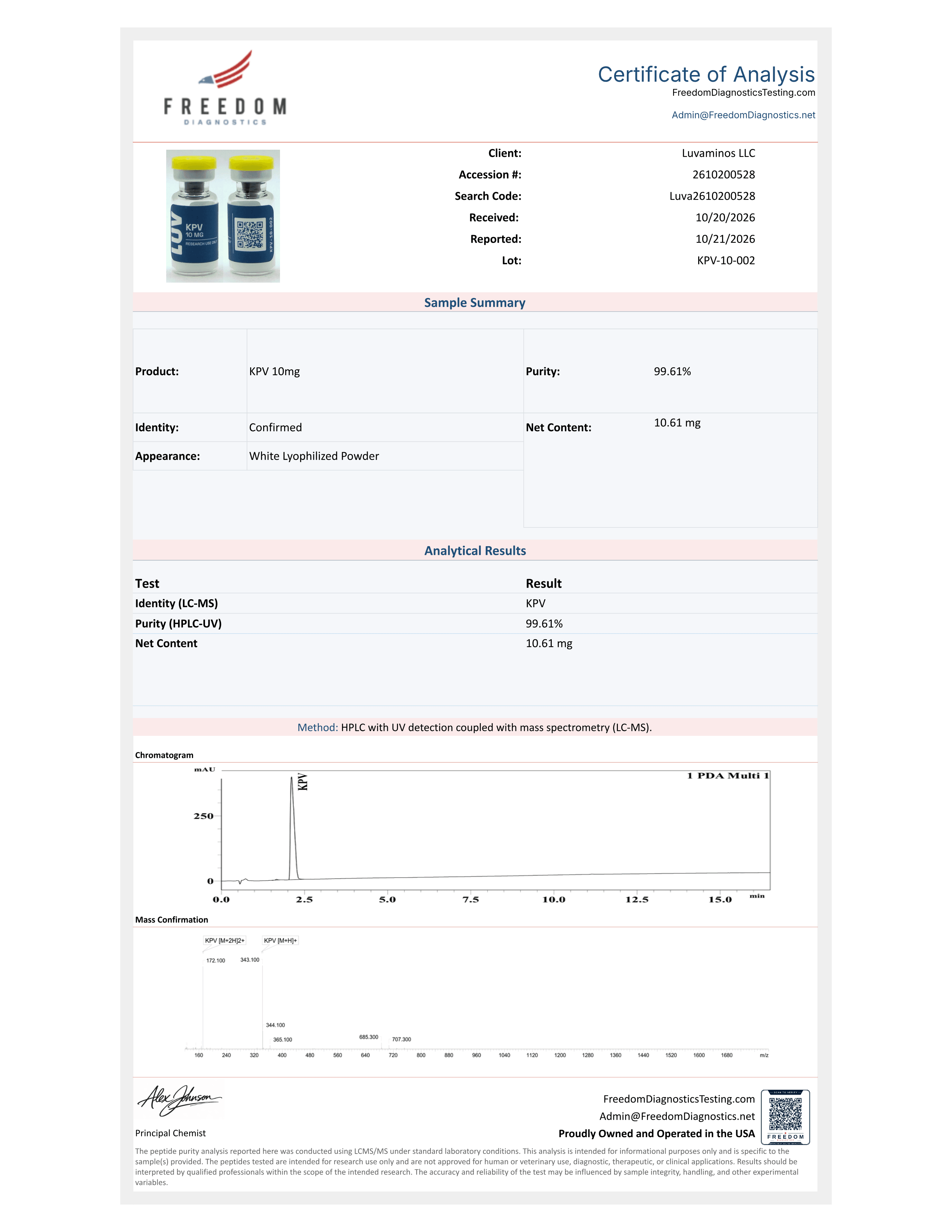 Certificate of Analysis for KPV 10 mg, lot KPV-10-002