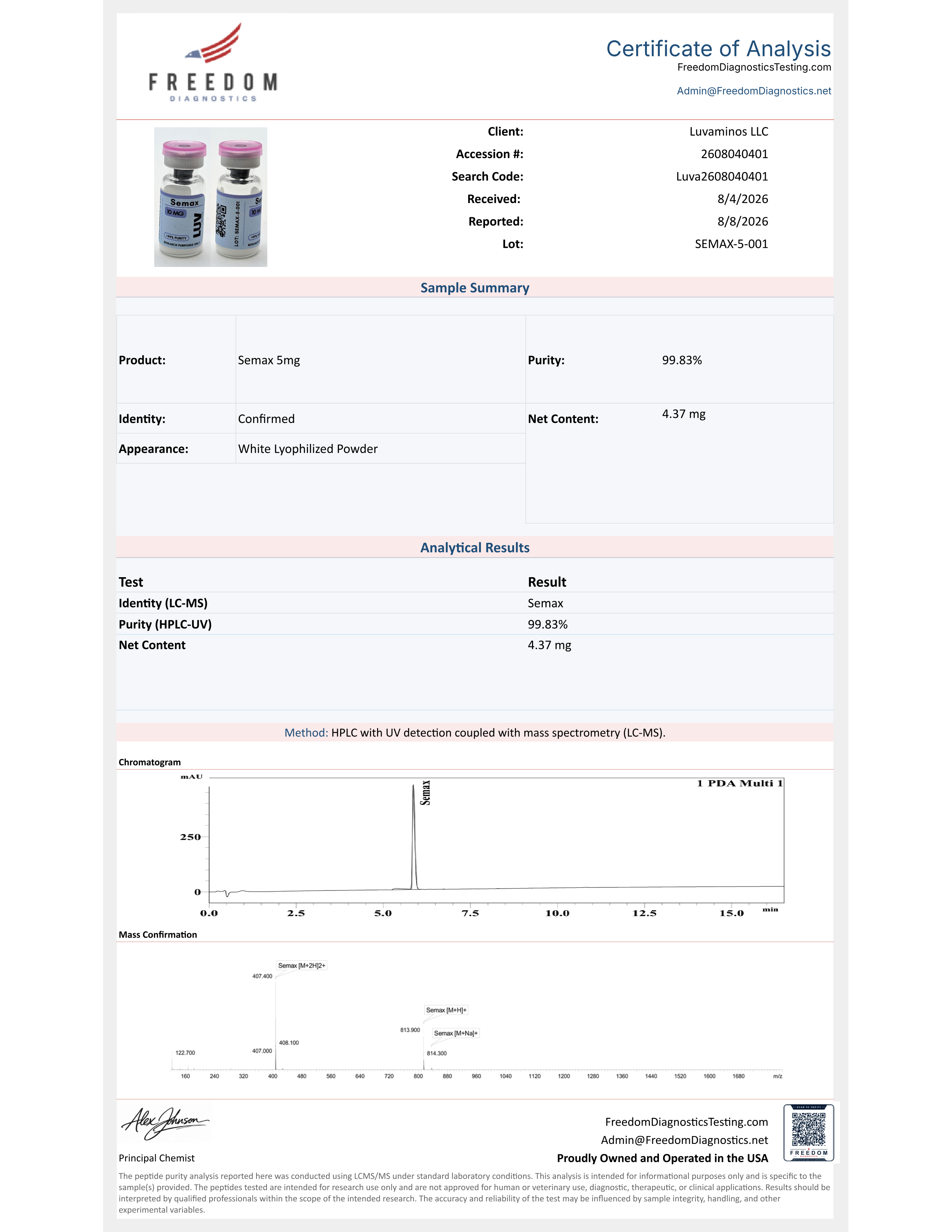 Certificate of Analysis for lot SEMAX-5-001