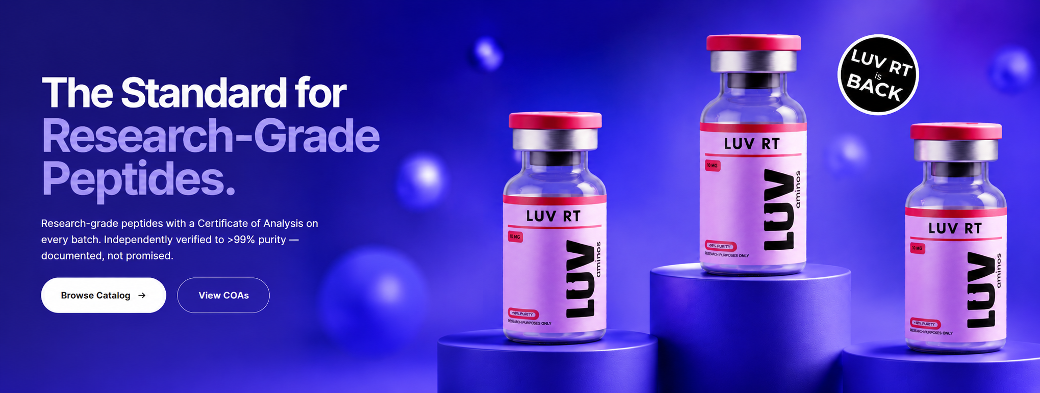 Three LUV RT vials standing on podiums against a deep blue background, beside a badge reading LUV RT is back.